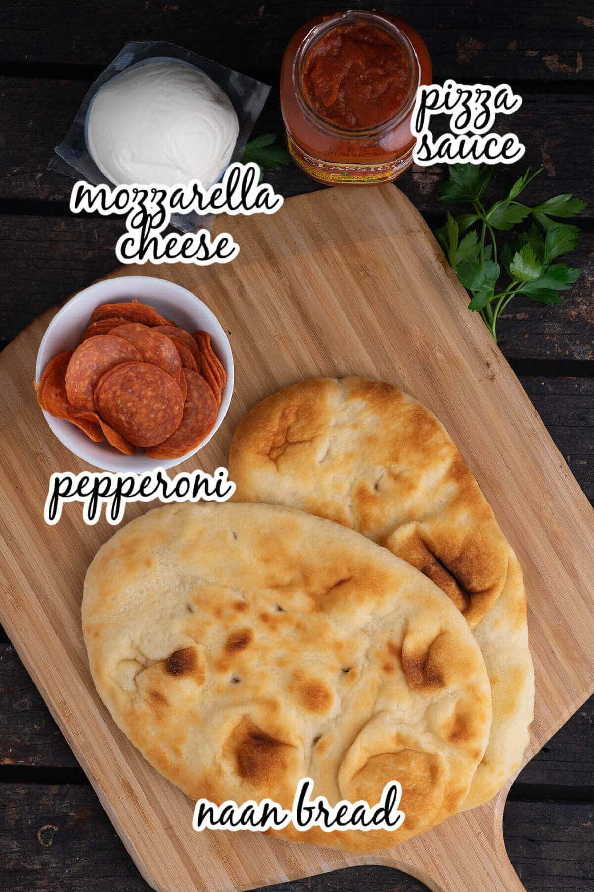 Ingredients for Naan Pizza Bread, with Pinterest overlay.