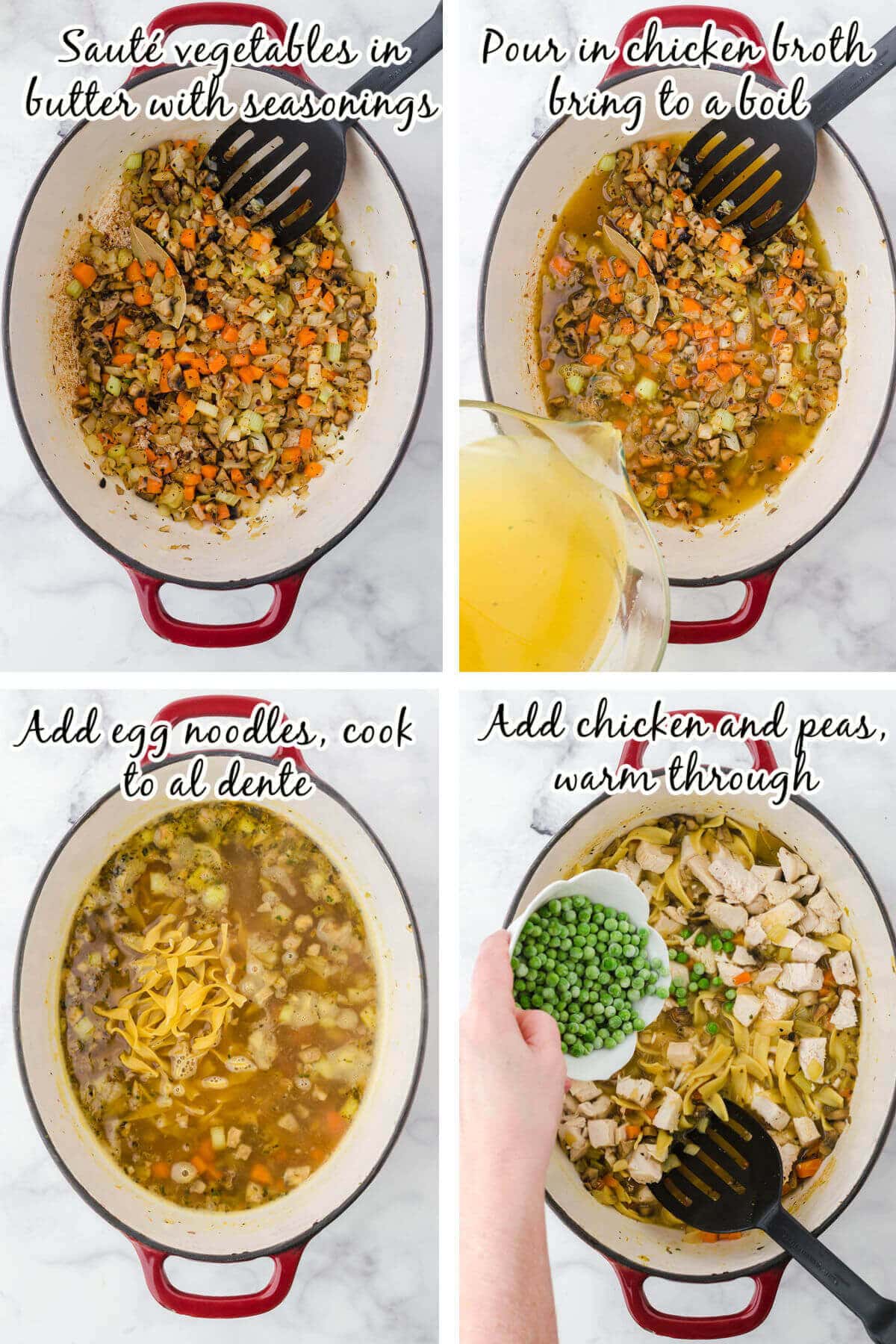 Instructions to make Chicken Noodle Soup Recipe with print overlay.