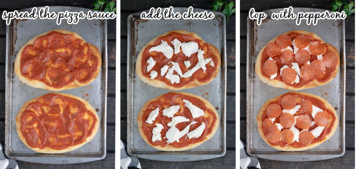 Step-by-step instructions to make pizza bread recipe. With print overlay.