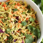 Crunchy vegetable salad in bowl, with Pinterest overlay.