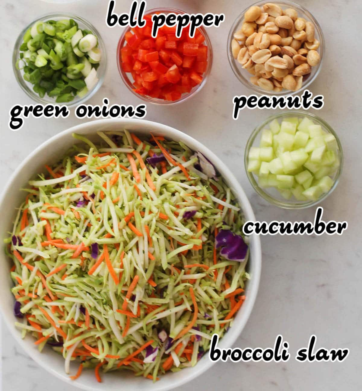 Fresh crunchy vegetables and peanuts tot make Thai Peanut Salad.