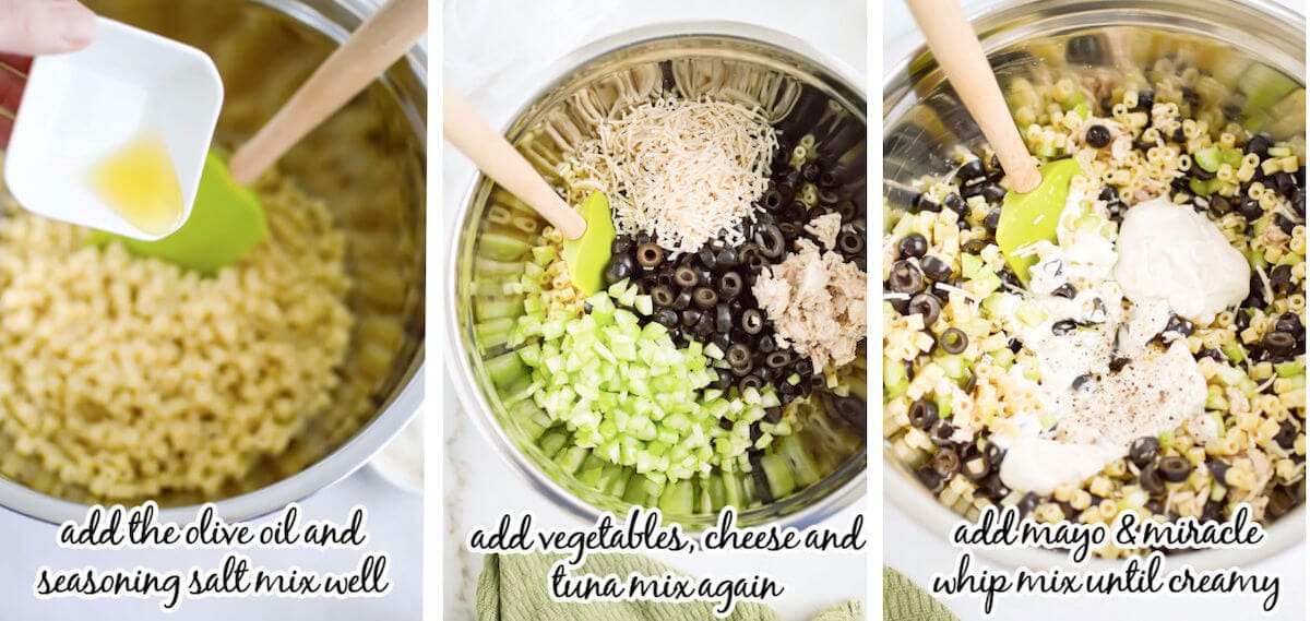 Step by step instructions to make pasta salad recipe. With print overlay.
