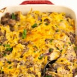 Beef Stroganoff in casserole dish, with Pinterest overlay.