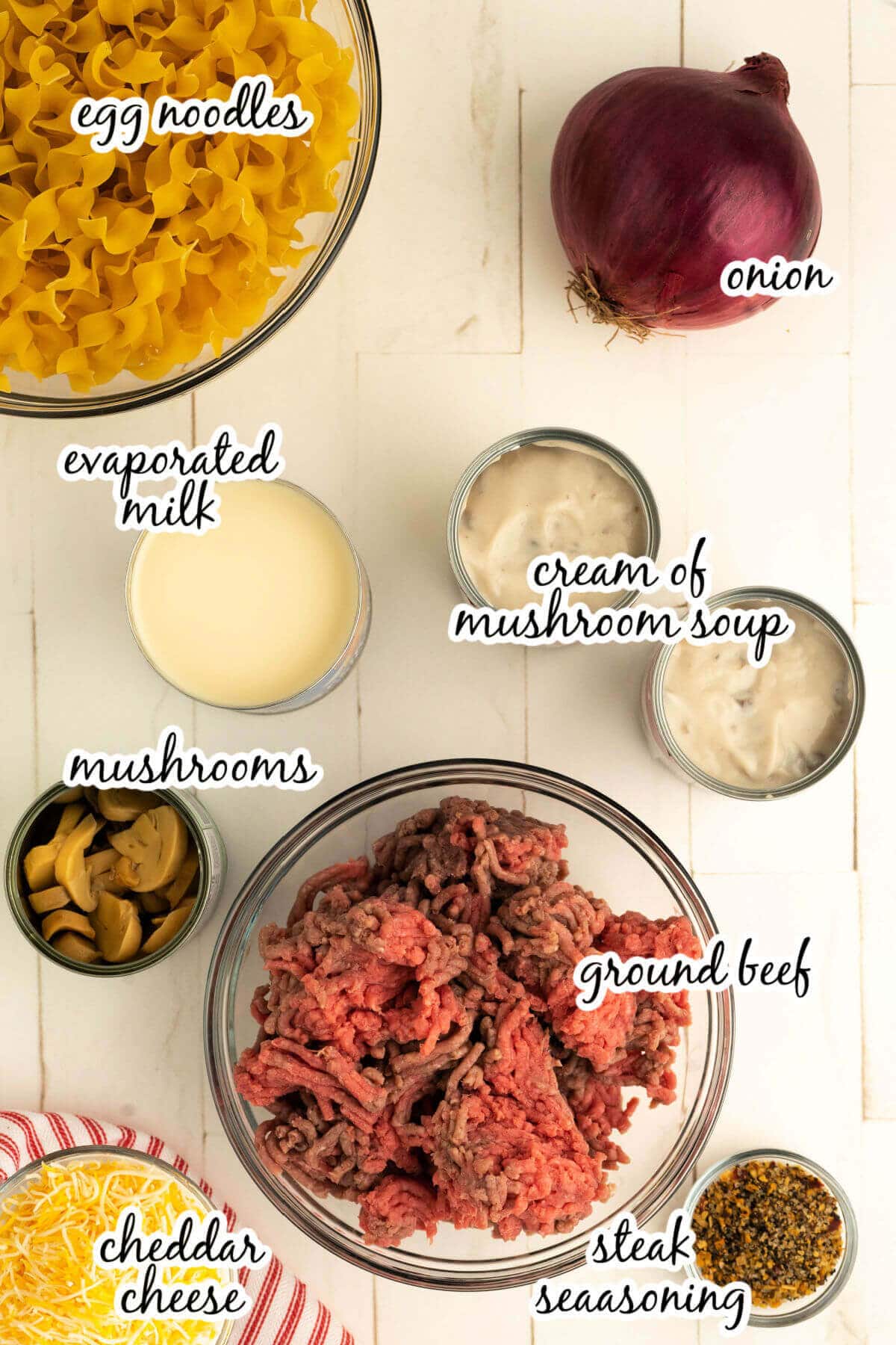 Ingredients for beef stroganoff recipe. With print overlay. 