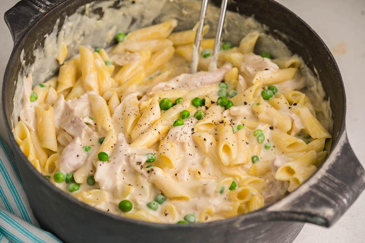 Creamy penne pasta with Alfredo Sauce and peas in Dutch Oven.