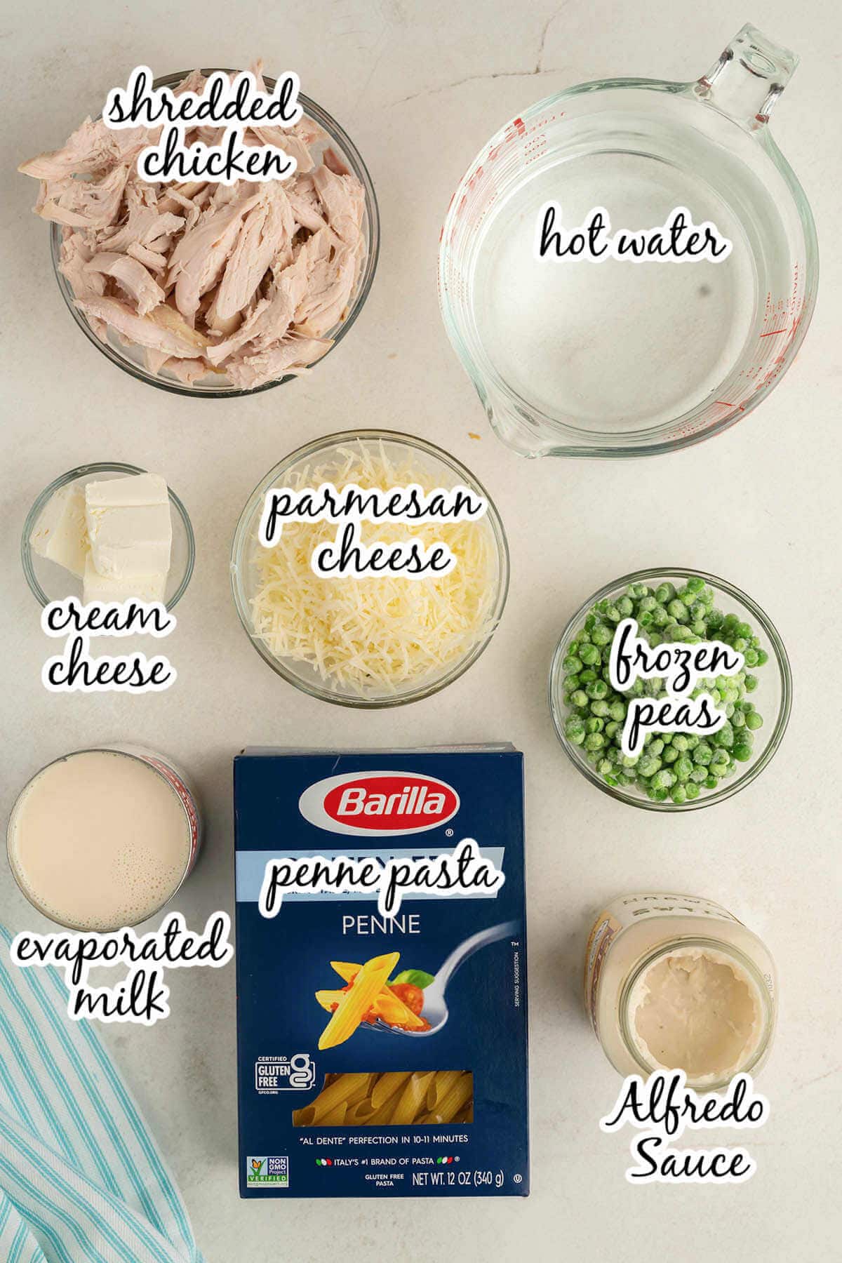 Ingredients needed to make pasta recipe. With print overlay. 