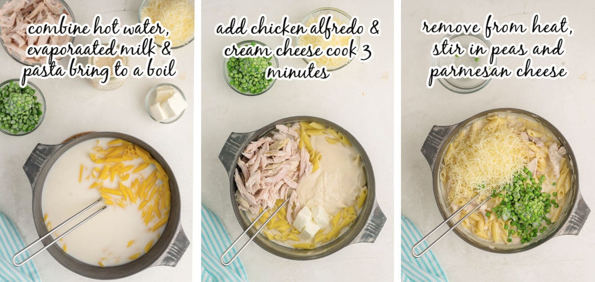 Step by step instructions to make pasta dish. With print overlay.