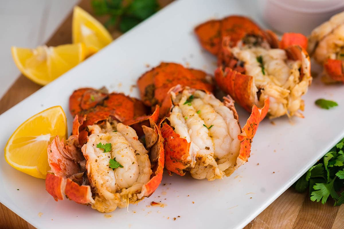 Lobster tails on platter.