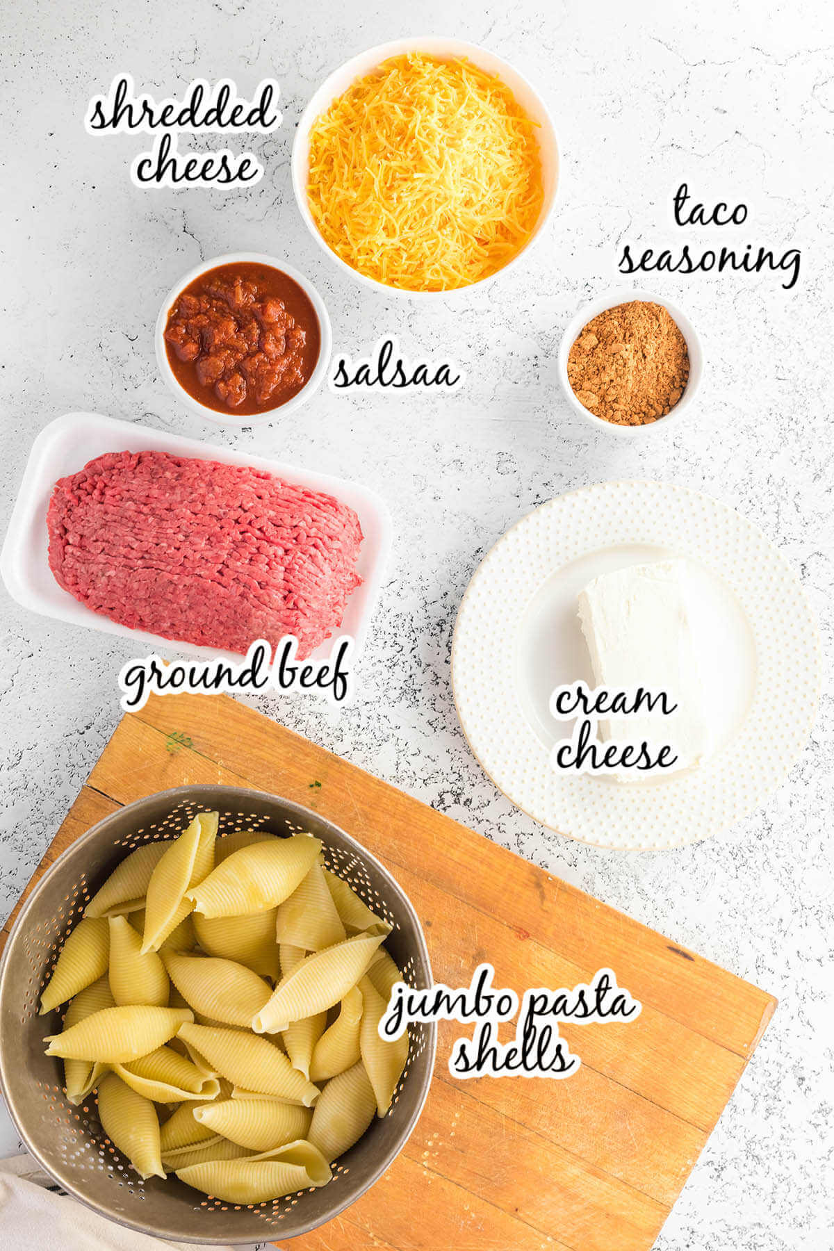 Ingredients for Mexican pasta recipe. With print overlay.