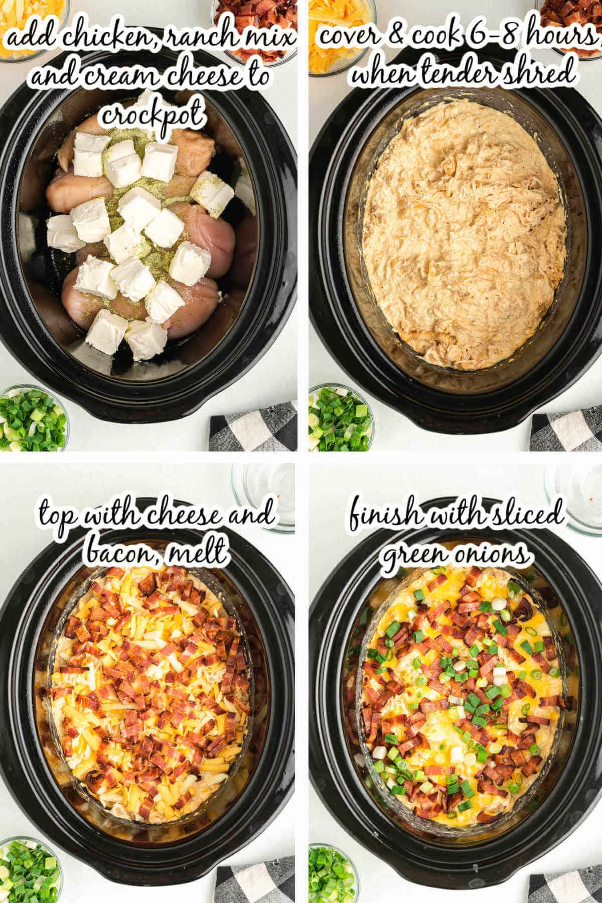 Step by step instructions to make crockpot crack chicken recipe. With print overlay. 