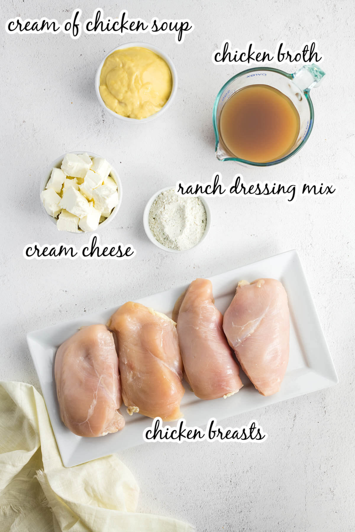 Ingredients to make crock pot ranch chicken with print overlay. 