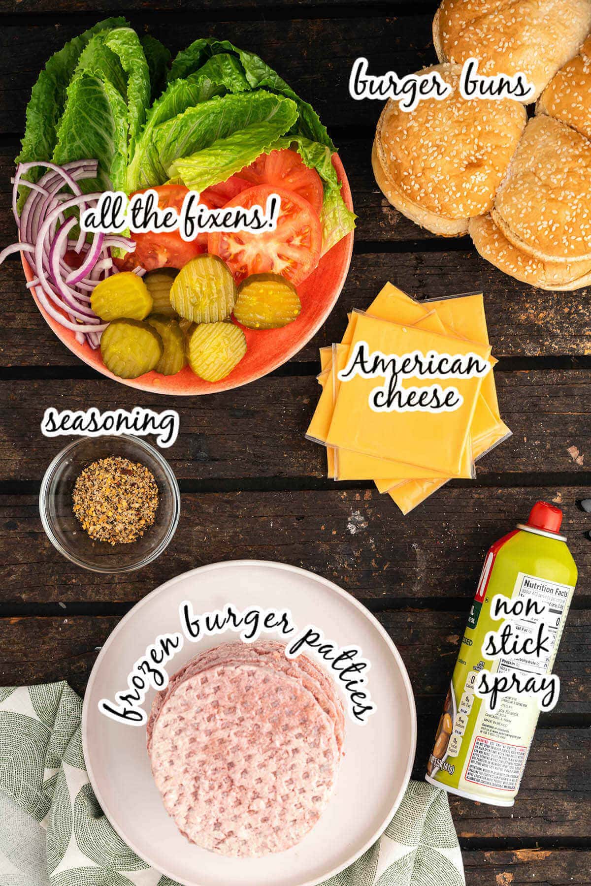 Ingredients for oven baked hamburger patties, with print overlay.