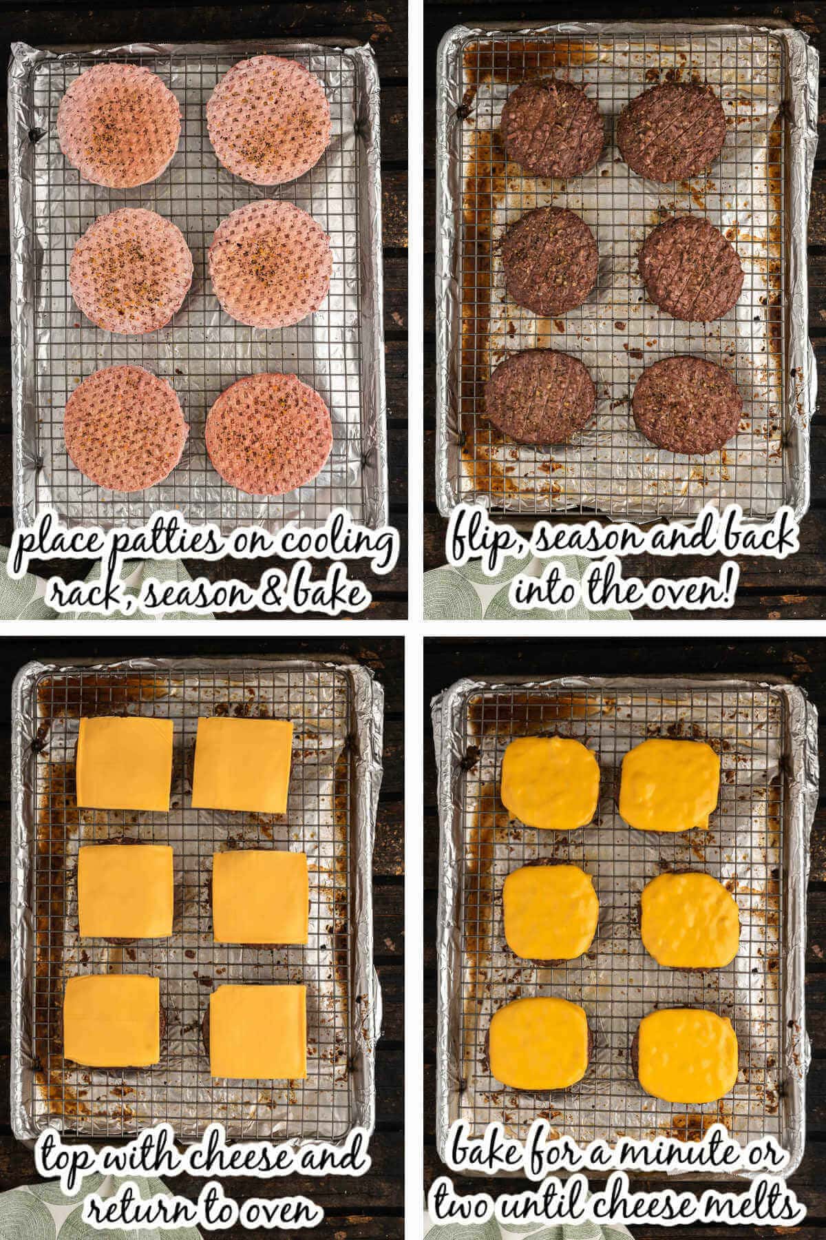 Step by step instructions to bake frozen burger patties. With print overlay.