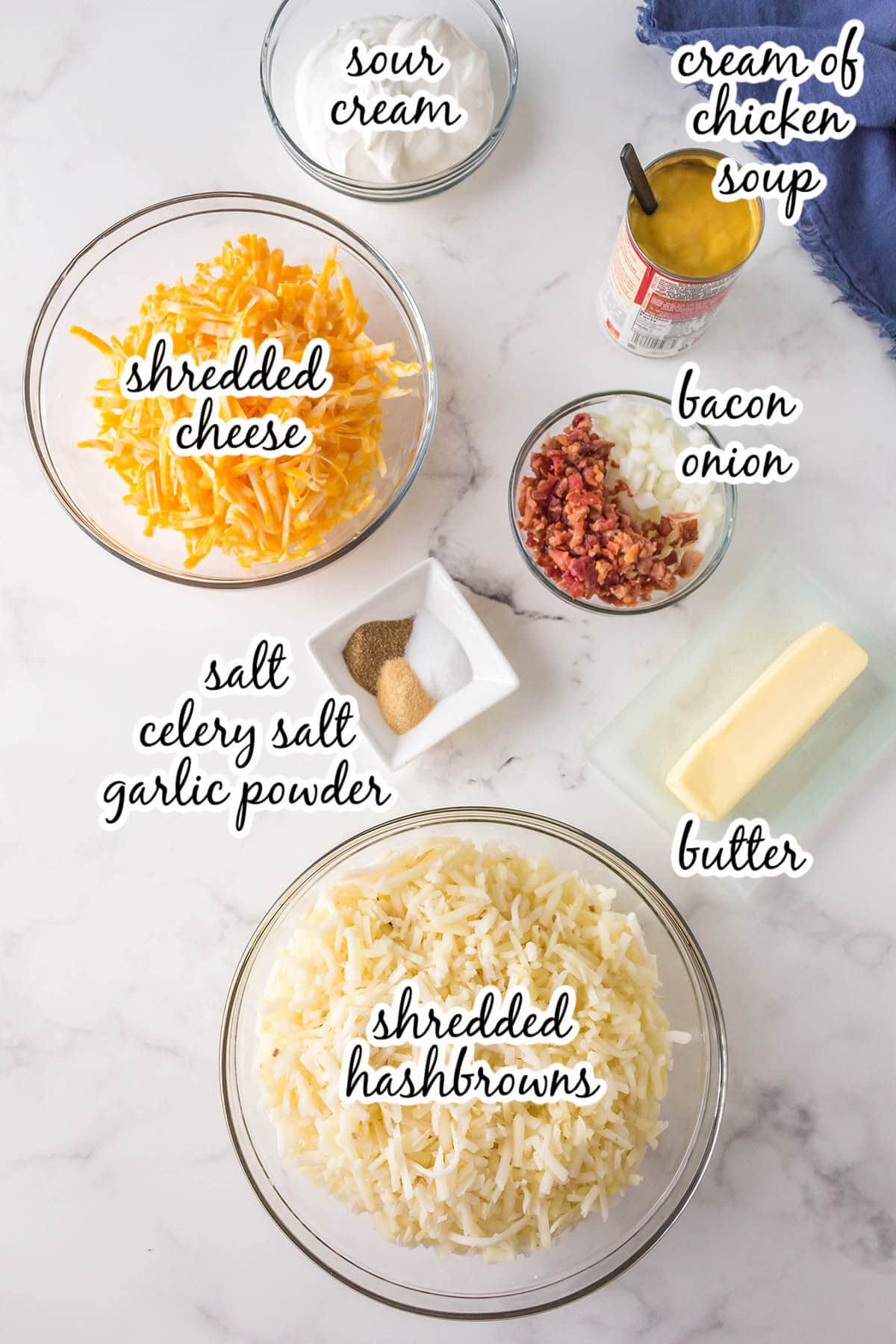 Ingredients for easy to make cheesy hash brown casserole. With print overlay. 