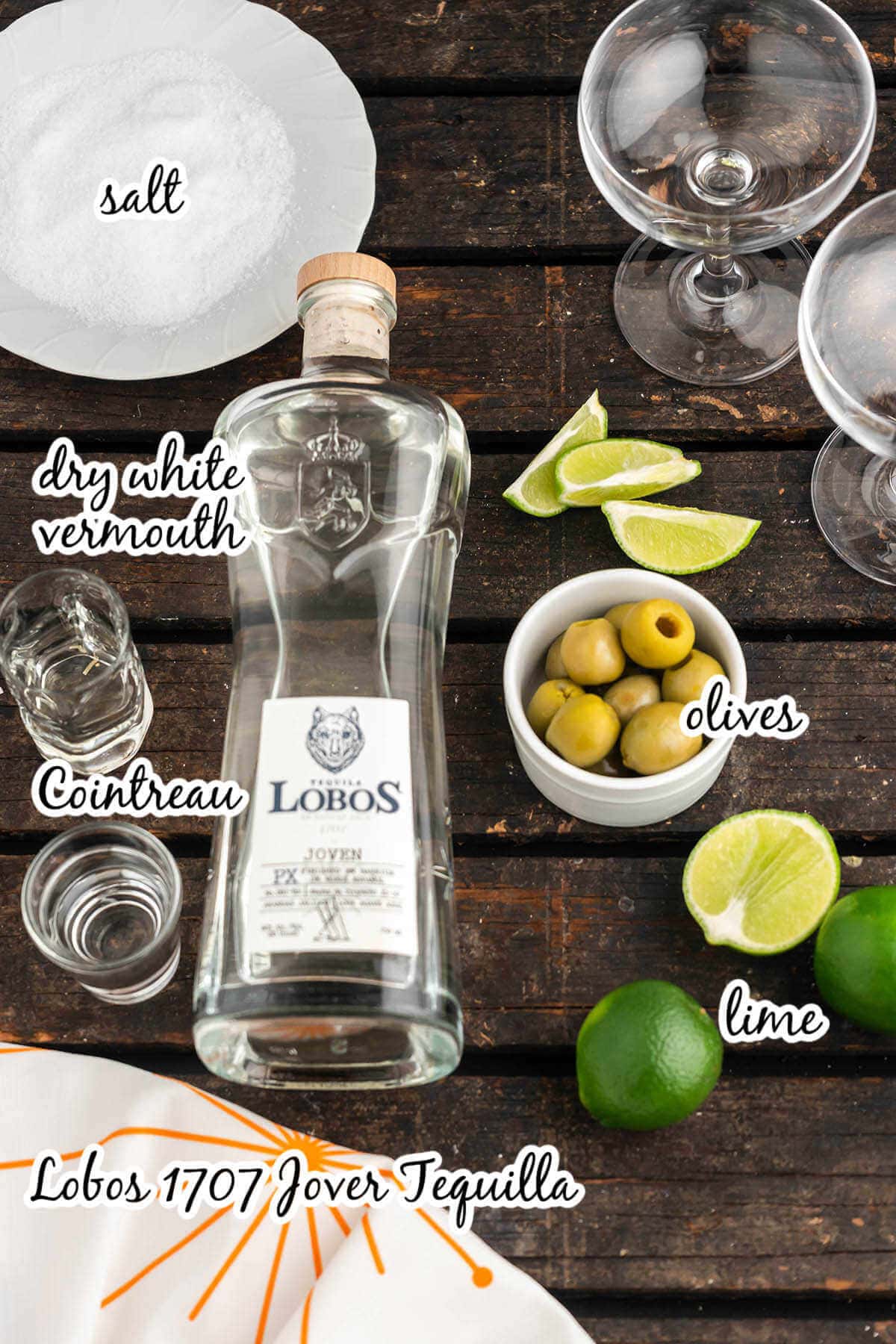 Ingredients to make Mexican Martini Cocktail. With print overlay. 