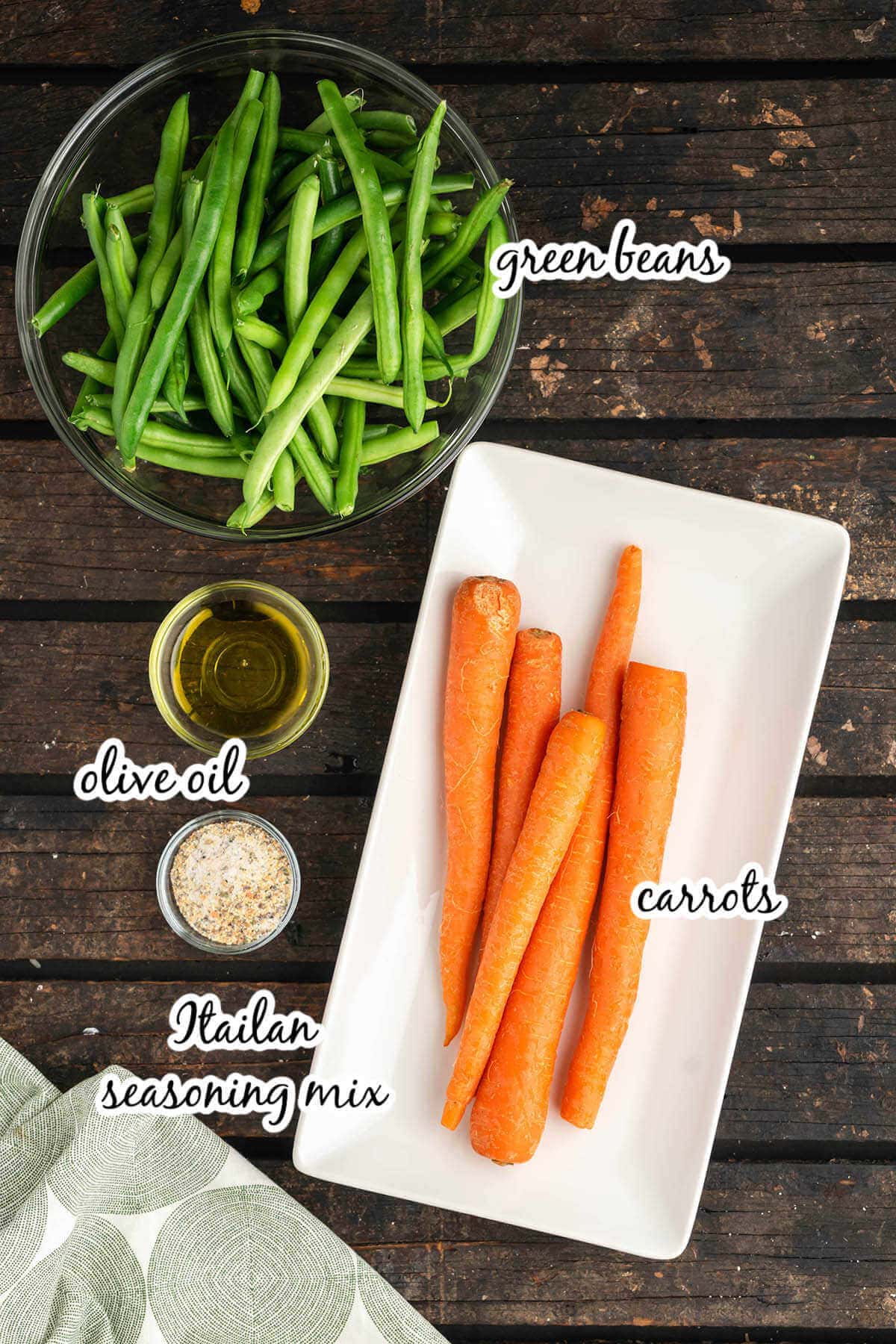 Ingredients to make Roasted Green Beans and Carrots recipe.