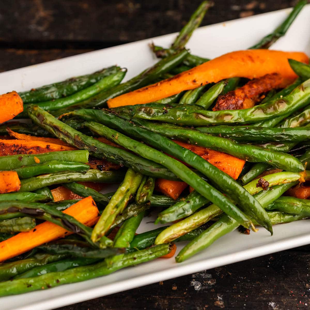 Roasted Green Beans and Carrots on platter.