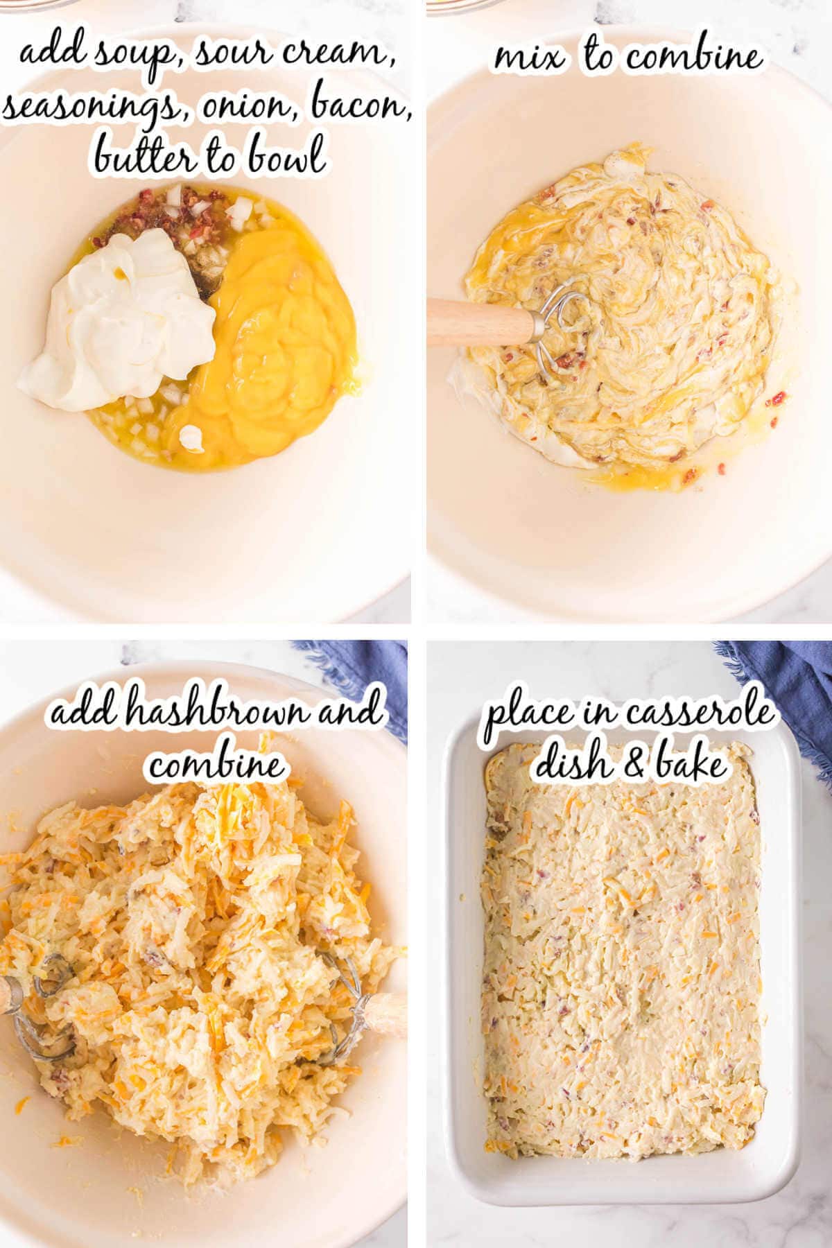 Photos with step by step instruction to make potato casserole, with print overlay.