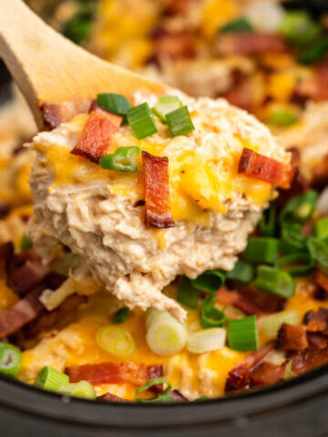 Shredded chicken topped with melted cheese, bacon bits, and sliced green onions.