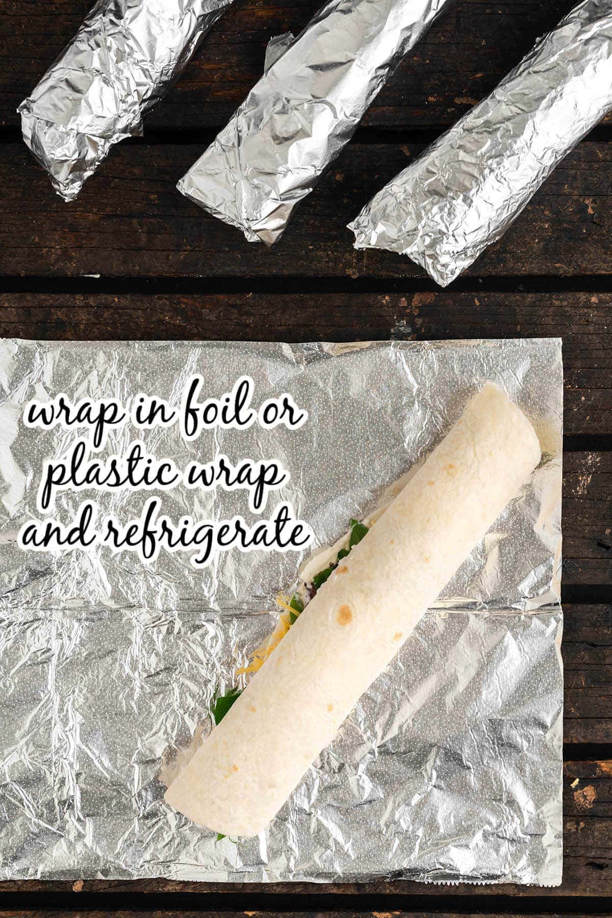 Tortilla rollup on aluminum foil. With print overlay.