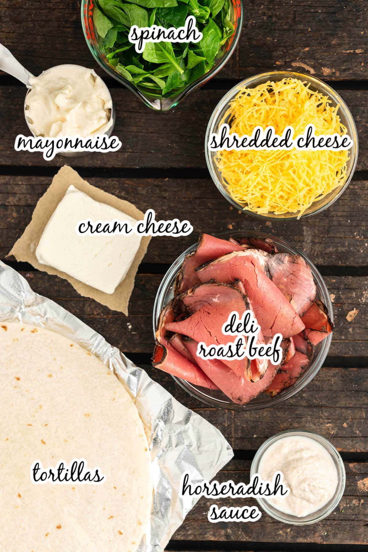 Ingredients to make roast beef tortilla rollups, with print overlay. 