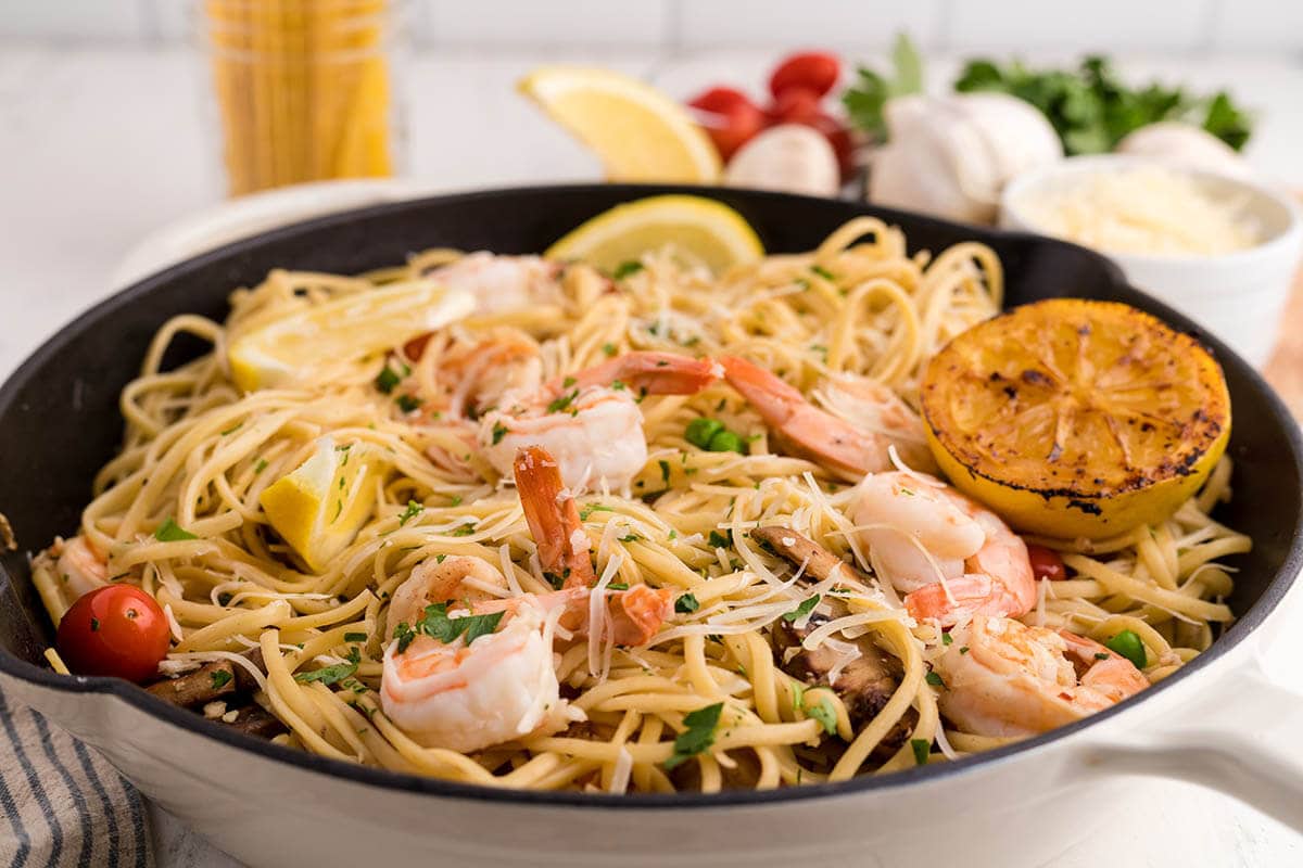 White Wine Shrimp Pasta in skillet.