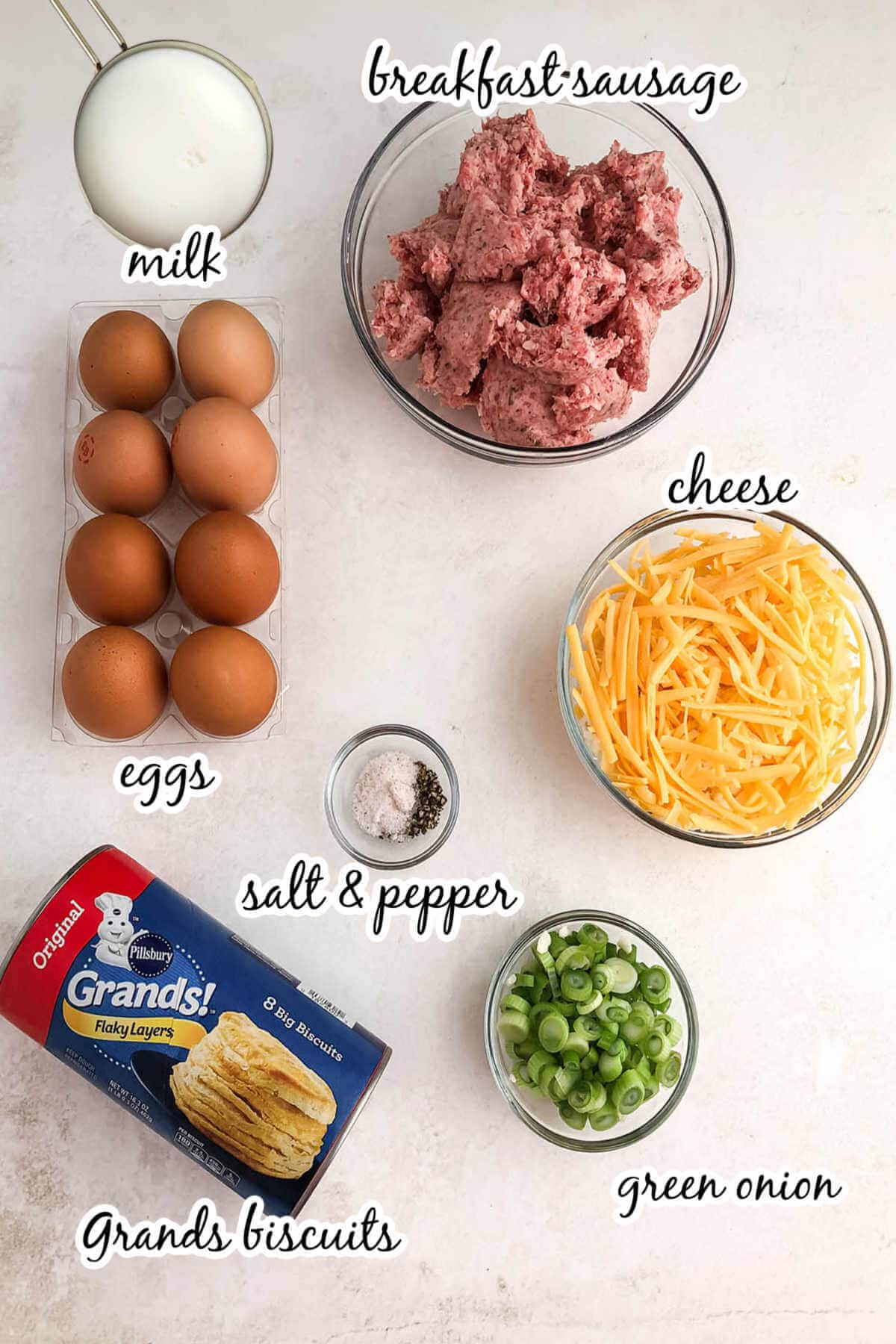 Ingredients for Biscuit Breakfast Casserole with print overlay. 