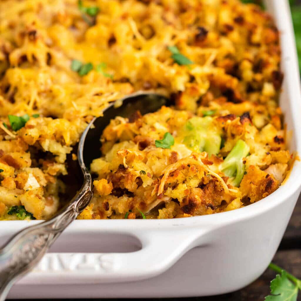 Easy Chicken Casserole Recipe topped with Stuffing - Bowl Me Over