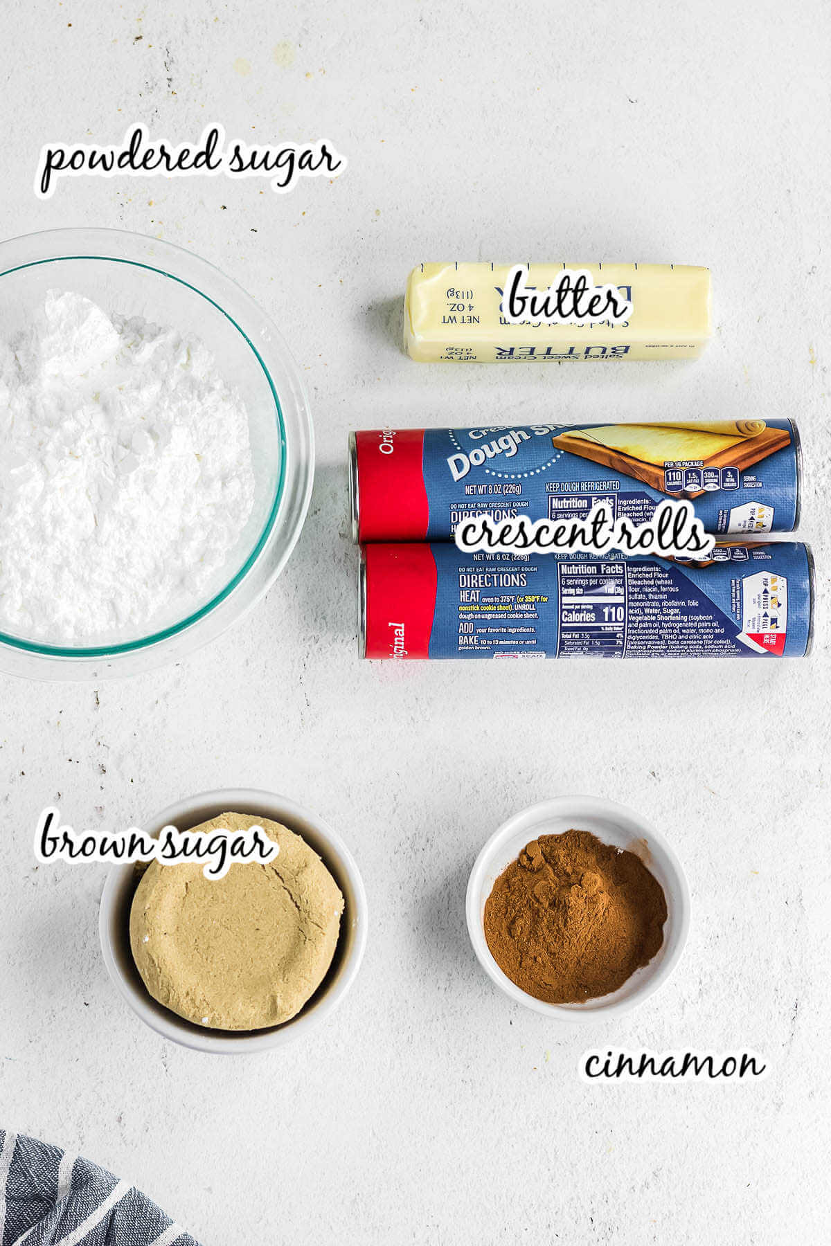Ingredients for Crescent Roll Cinnamon Rolls, with print overlay.