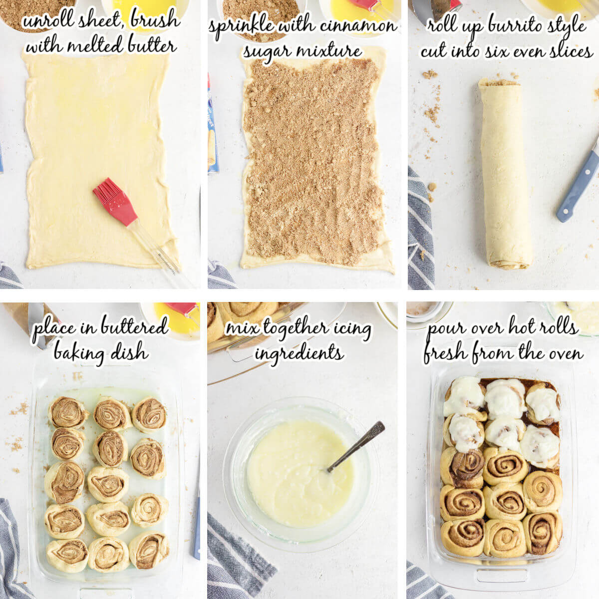 Step by step instructions to make Crescent Roll Cinnamon Rolls with print overlay. 