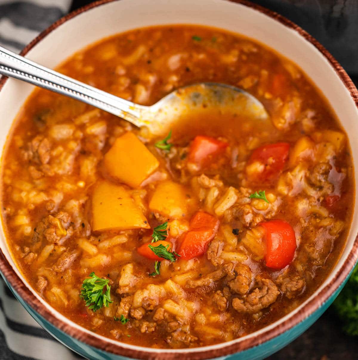 Soup in serving bowl with spoon.