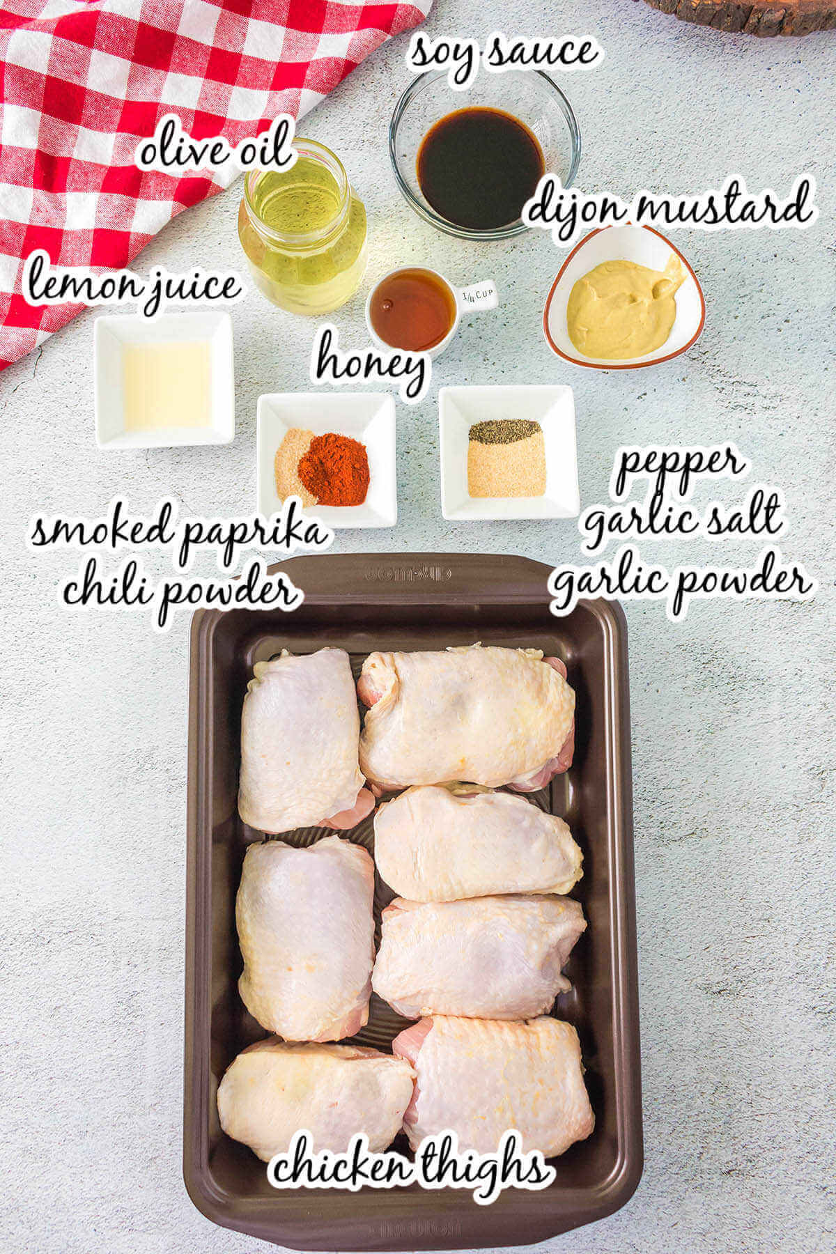 Ingredients to make Honey Grilled Chicken Recipe, with print overlay. 