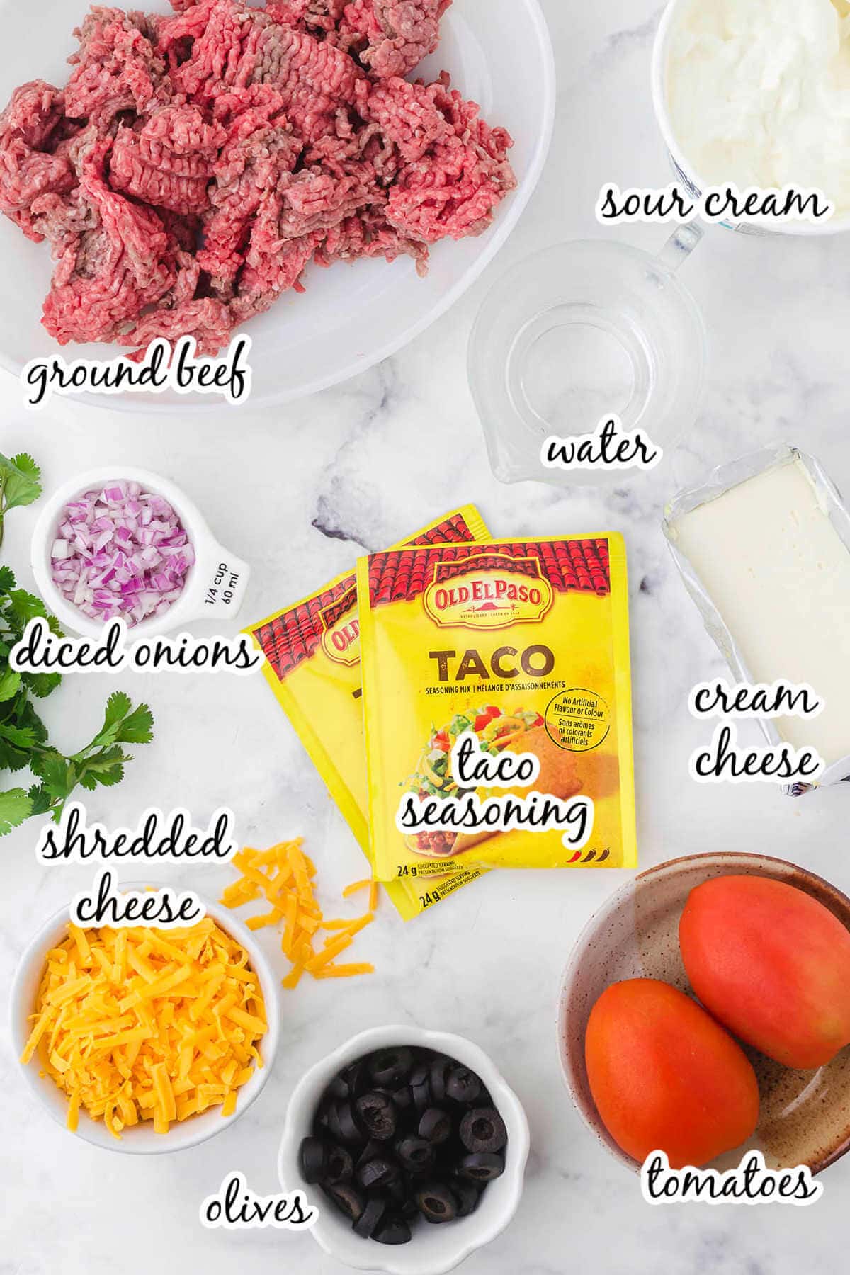 Ingredients to make taco dip recipe, with print overlay. 