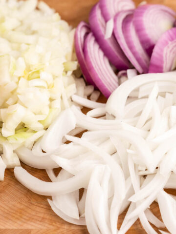 Diced, slivered and sliced onions.