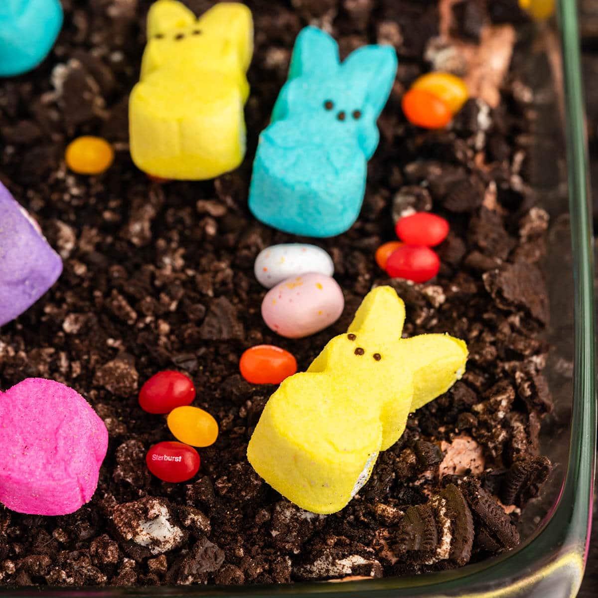 Easter Dirt Cake decorated with candy eggs and bunny peeps.