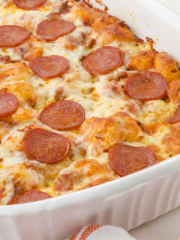 Bubble Up Pizza Casserole in baking dish.