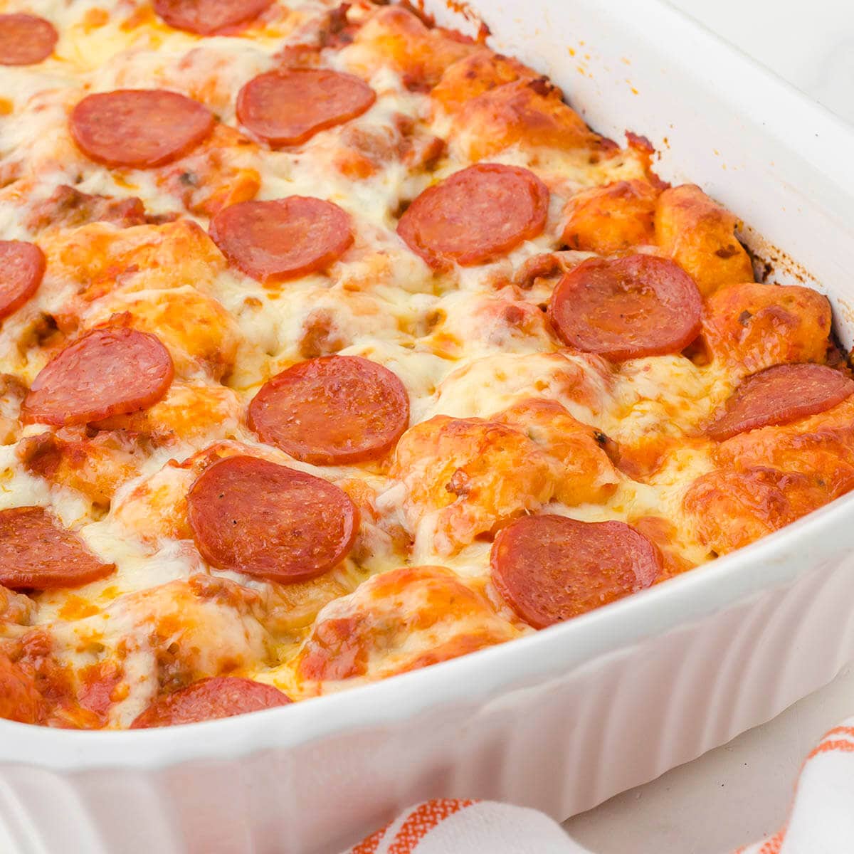 Bubble Up Pizza Casserole in baking dish.