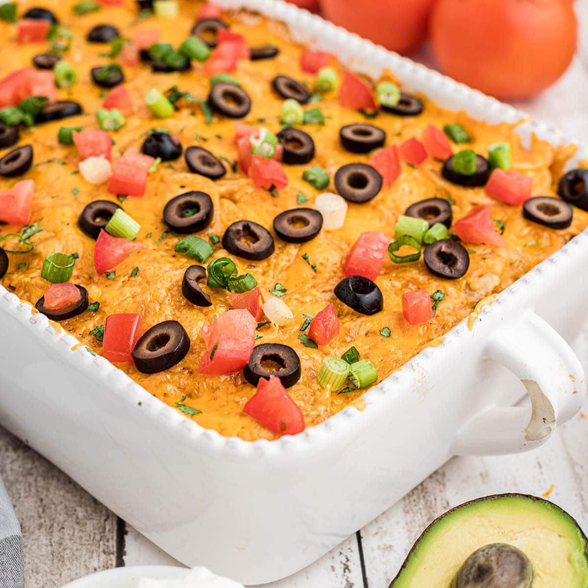 Cheesy Taco Bake Casserole in baking dish.