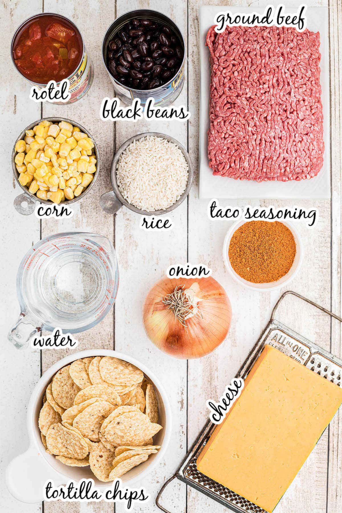 Ingredients to make beefy taco casserole.
