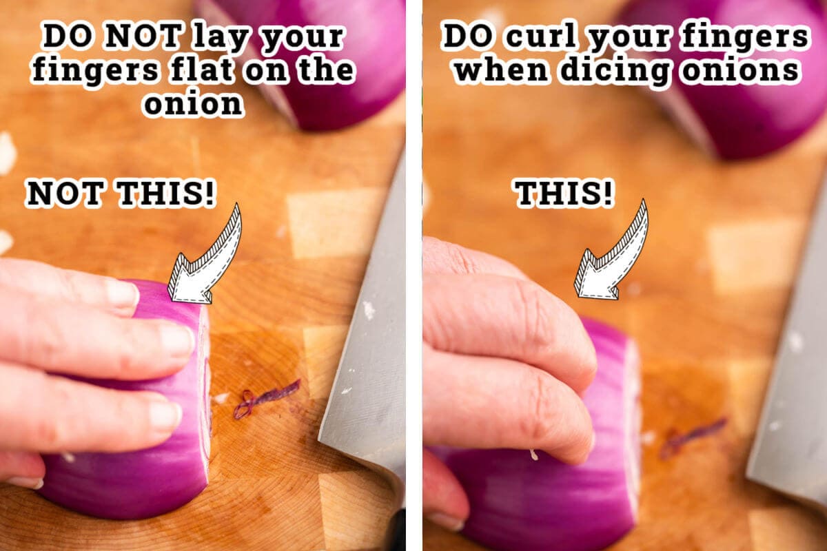 Tips to slice onion without cutting your finger, with print overlay. 