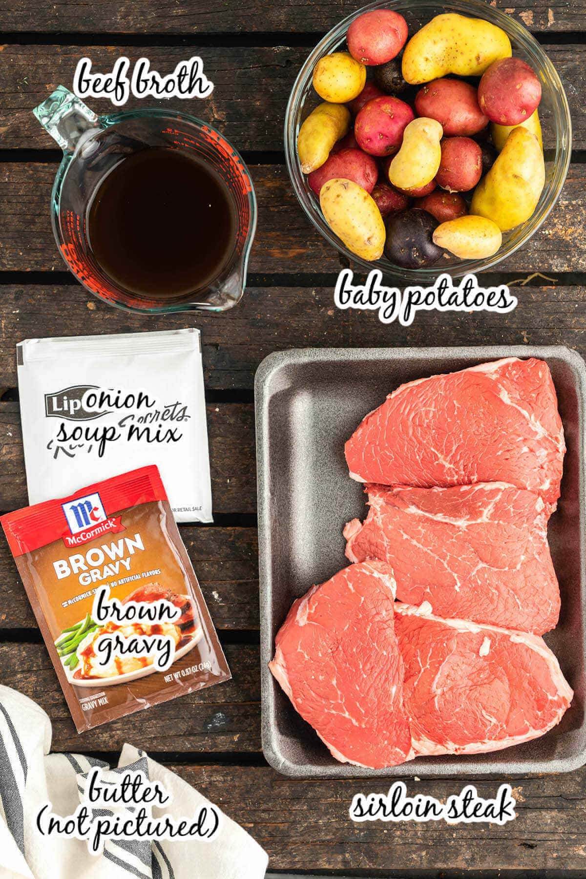Ingredients needed to make crock pot steak and potatoes recipe. With print overlay.