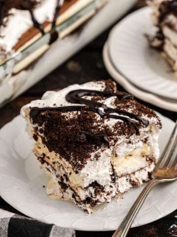 Ice Cream Sandwich Cake on plate with fork.