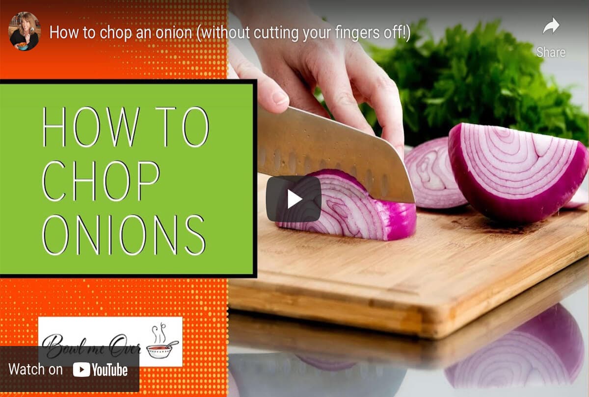 Knife slicing onion on cutting board, with print overlay. 