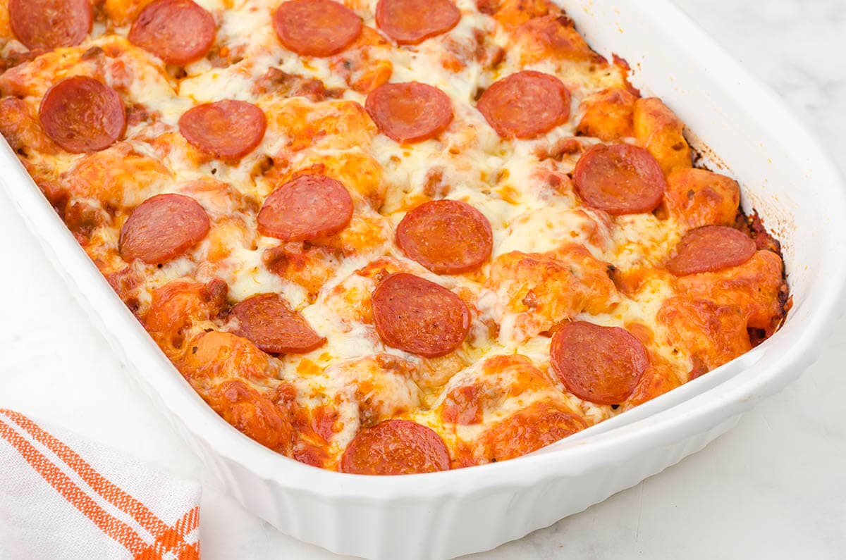 Baking dish filled with pepperoni pizza casserole.