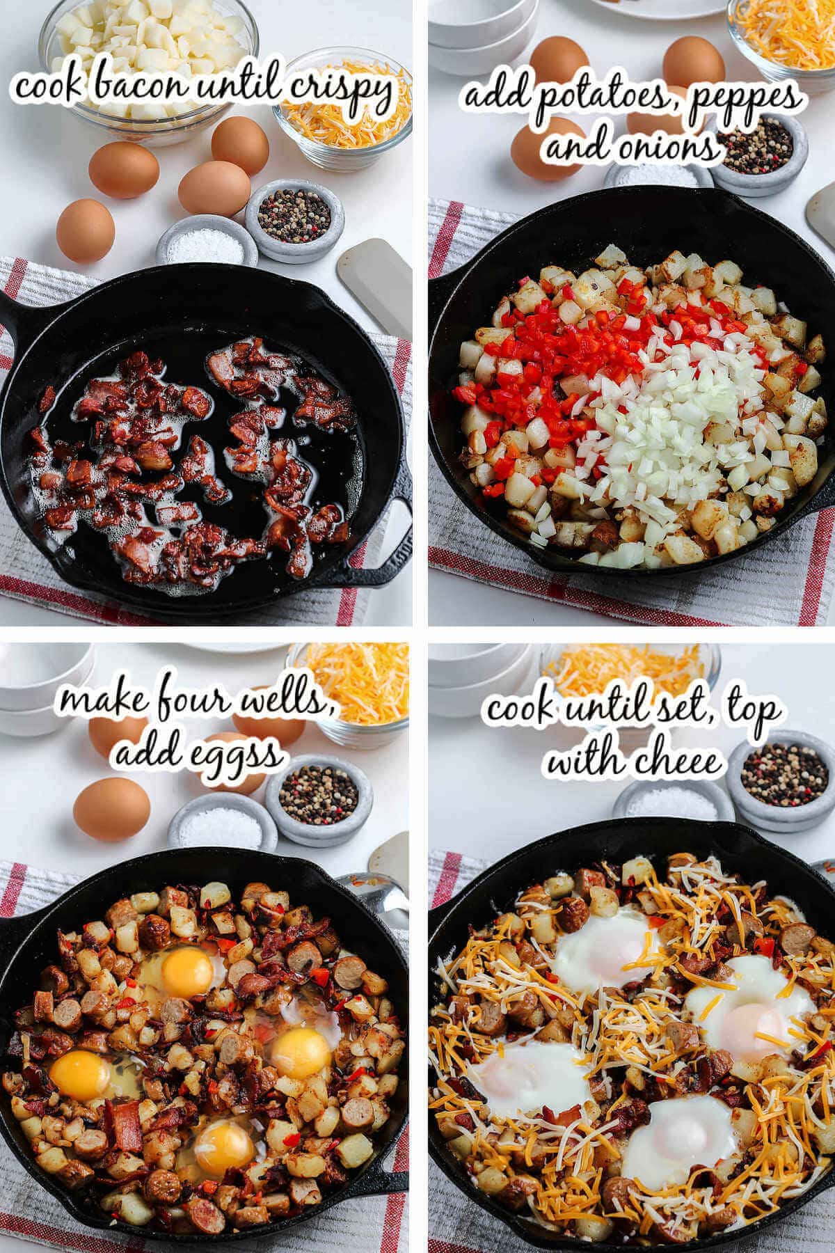 Photos with step by step instructions to make southwest breakfast skillet recipe, with print overlay.  