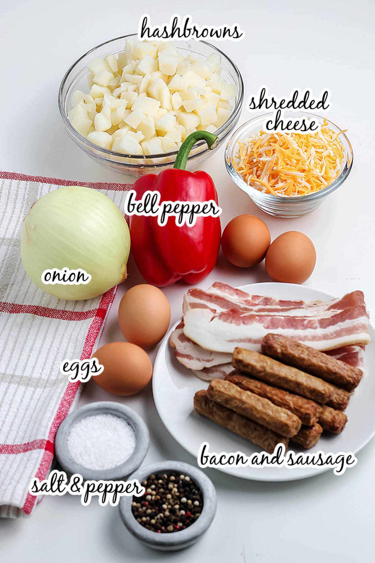 Ingredients to make breakfast skillet recipe, with print overlay. 