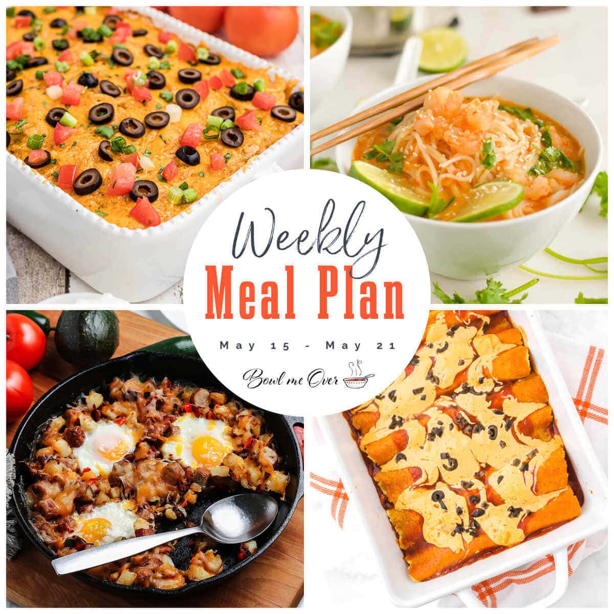 Collage of photos for weekly meal plan 20 with print overlay. 