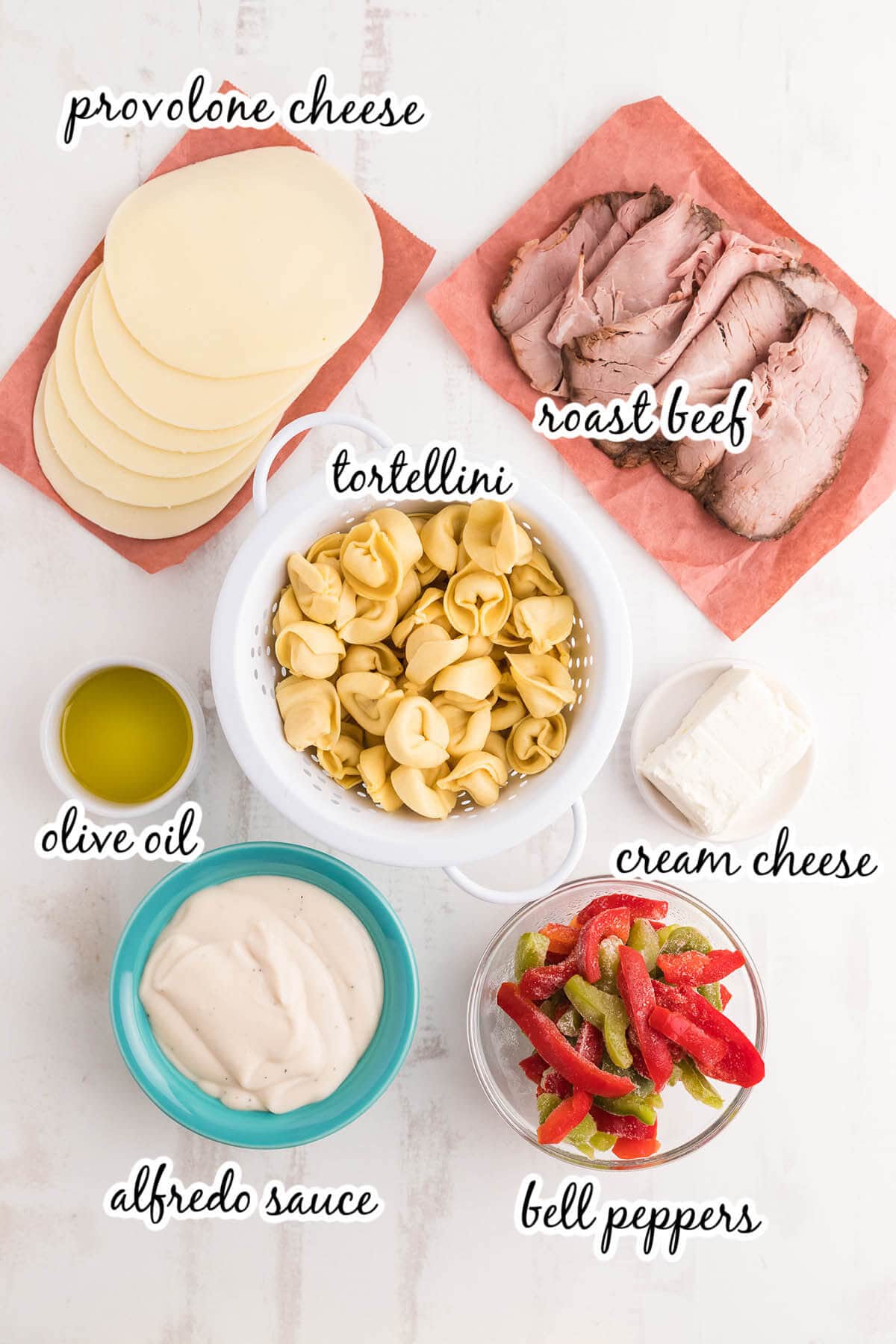 Ingredients to make Cheese steak pasta recipe, with print overlay. 