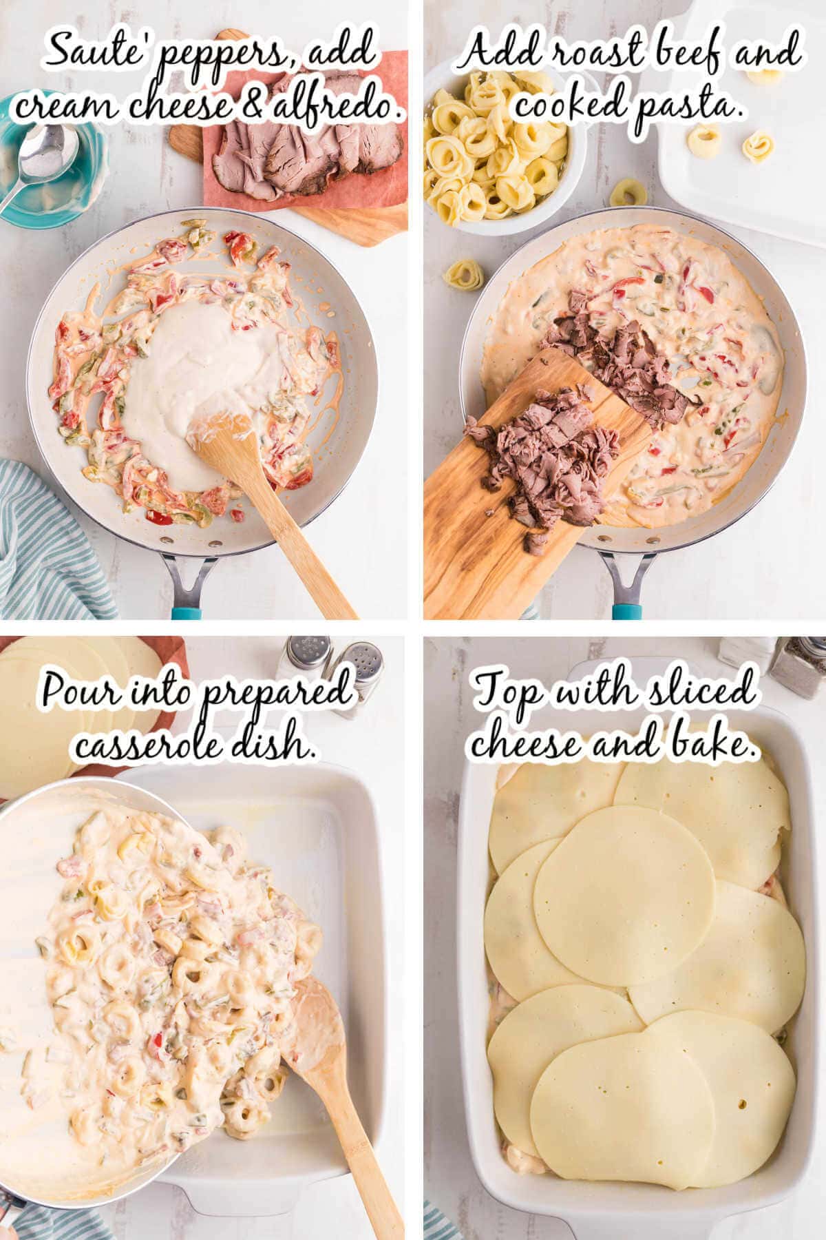Step by step instructions to make cheese steak pasta bake.