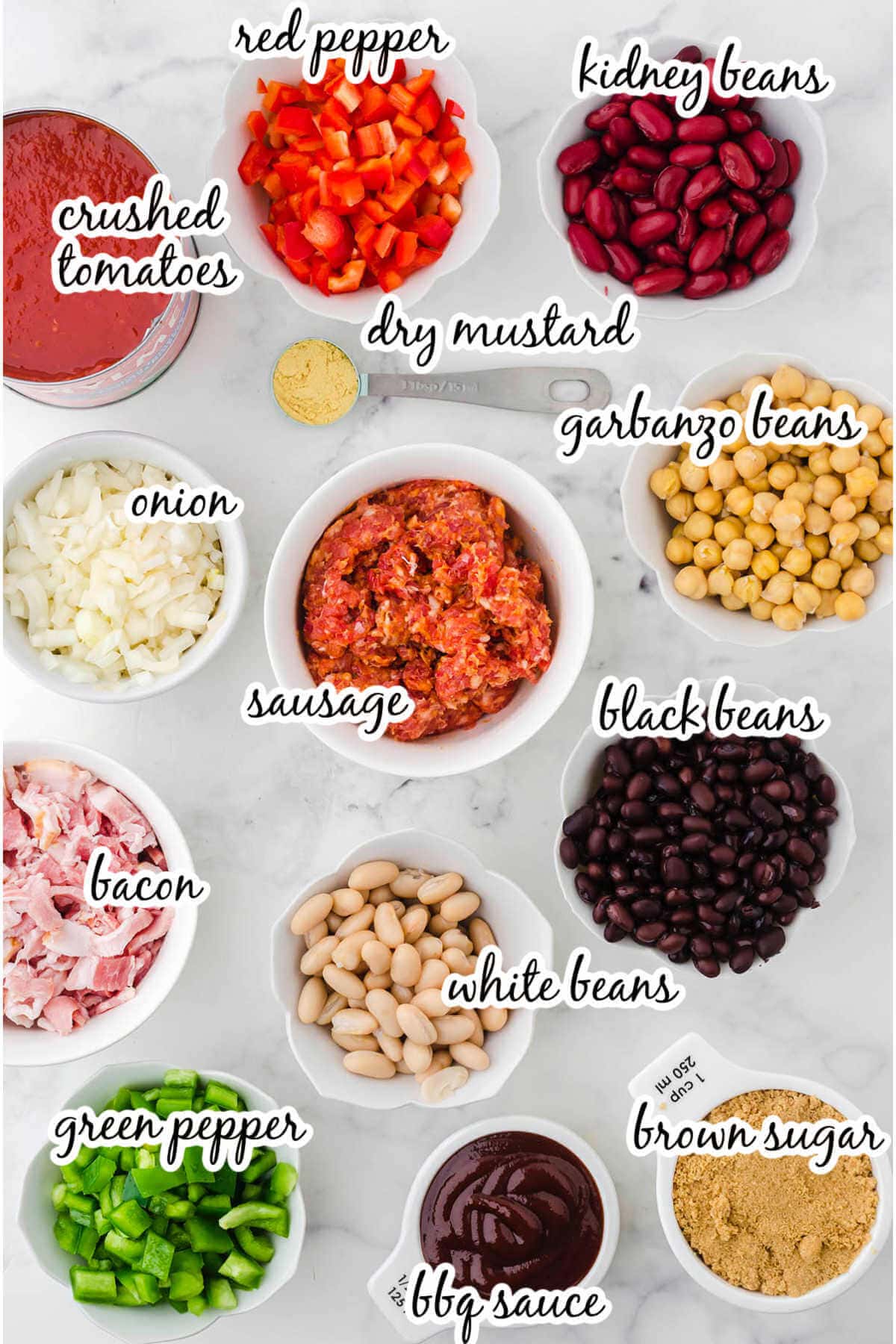 Ingredients to make bean recipe with print overlay.